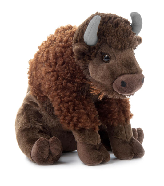 The Petting Zoo Sitting Bison plush 12-inch face close-up shows soft, kid-friendly fabric.