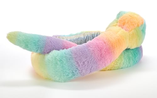 The Petting Zoo rainbow snake plush shows a curved tail for dynamic play.