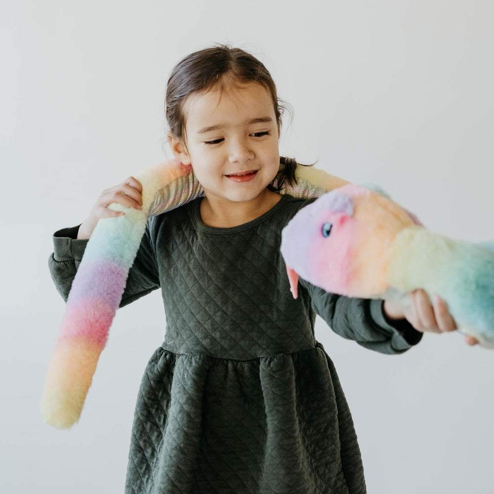 The Petting Zoo snake plush features durable stitching for lasting adventures.