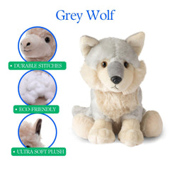 The Petting Zoo wolf plush in a pack scene for cooperative play.