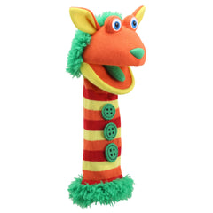 The Puppet Company Knitted Buttons hand puppet, eco materials support sustainable play.