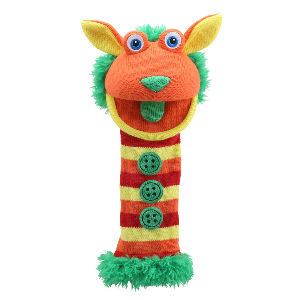 The Puppet Company Knitted Buttons hand puppet, front view, vibrant and engaging.