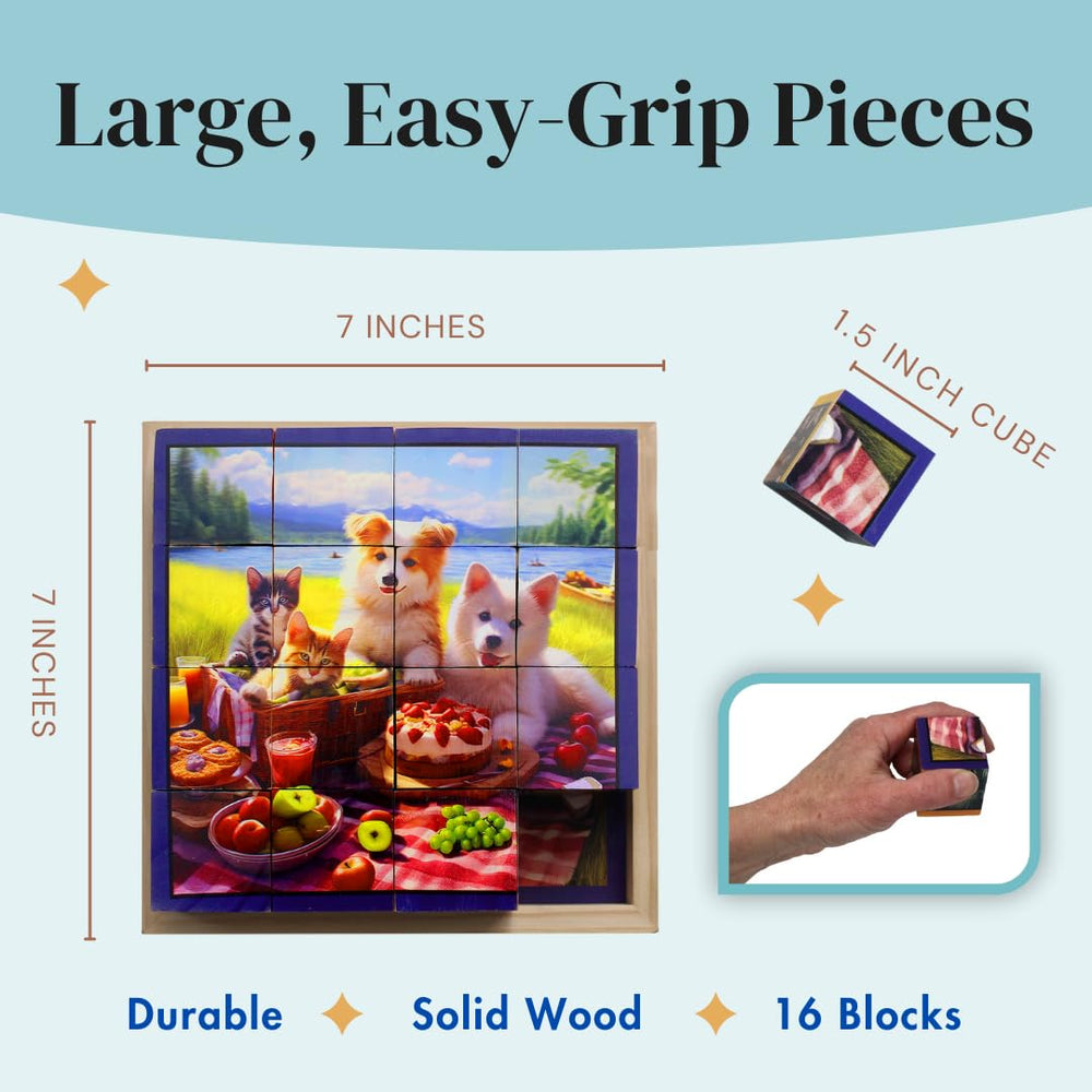 The Radiant Owl rotating wooden blocks encourage tactile interaction and focus.