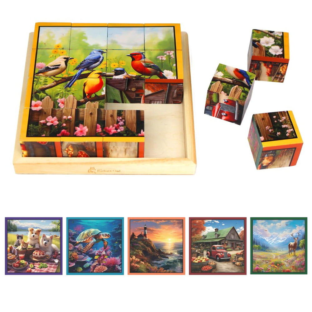 The Radiant Owl six-16-piece puzzle cubes for seniors offer engaging cognitive activity.