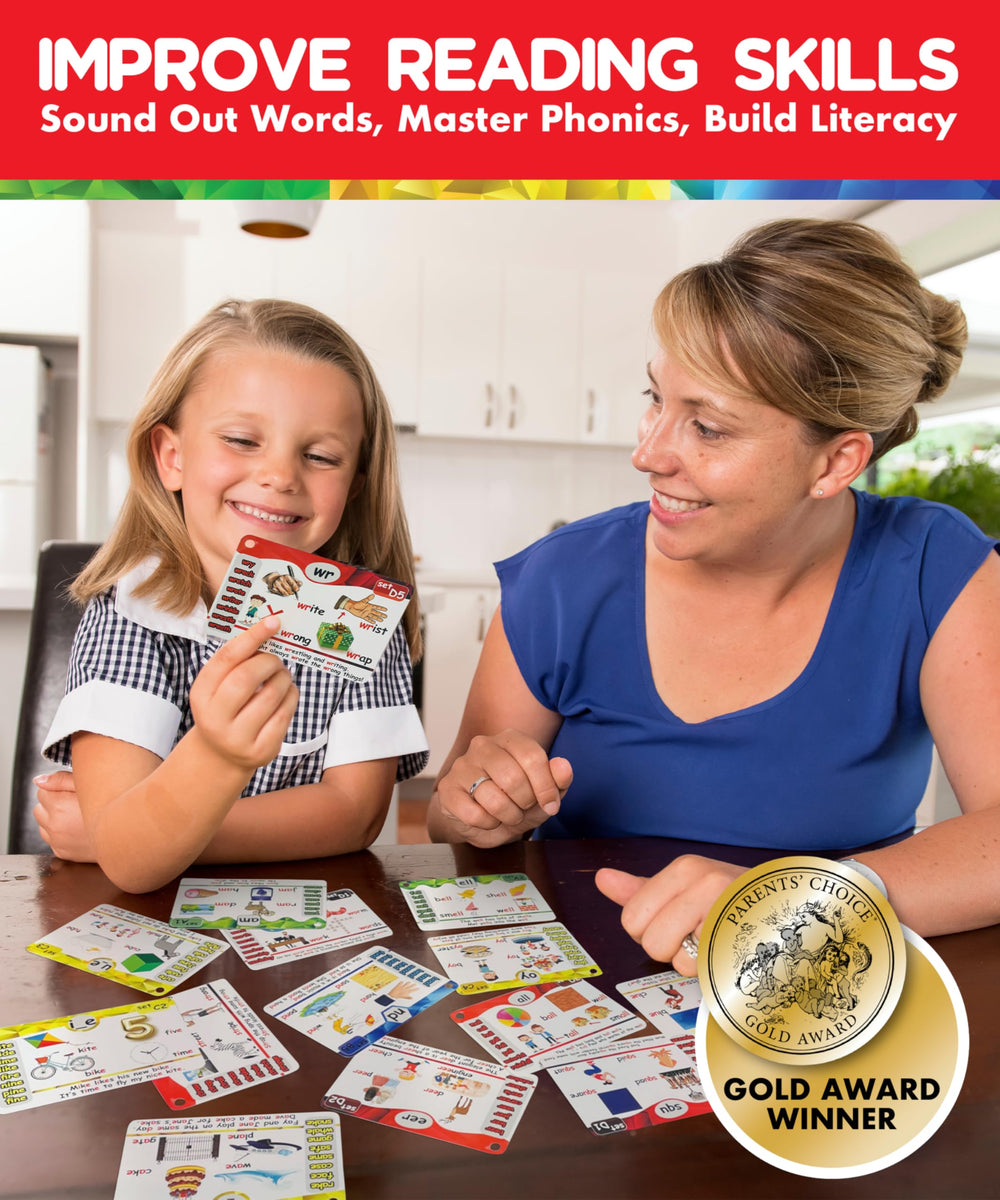 The Scholar Ant phonics cards back cover shows levels and learning cues