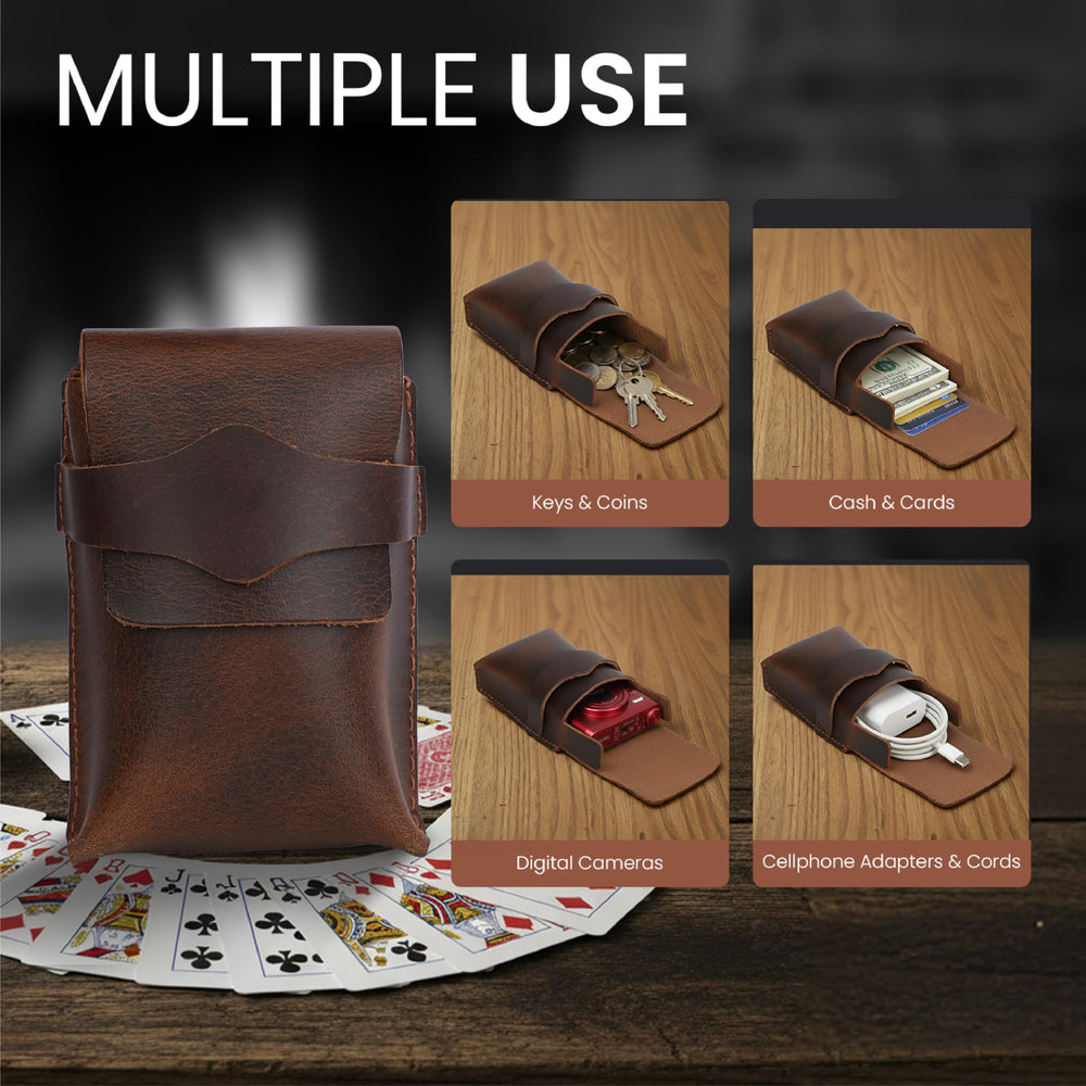 TheAntiq brown leather card case with secure slots protects cards during transit.