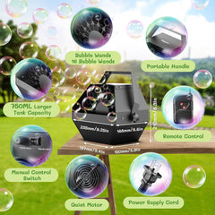 Theefun Bubble Machine 16 wands produce dense bubble clouds for photos.