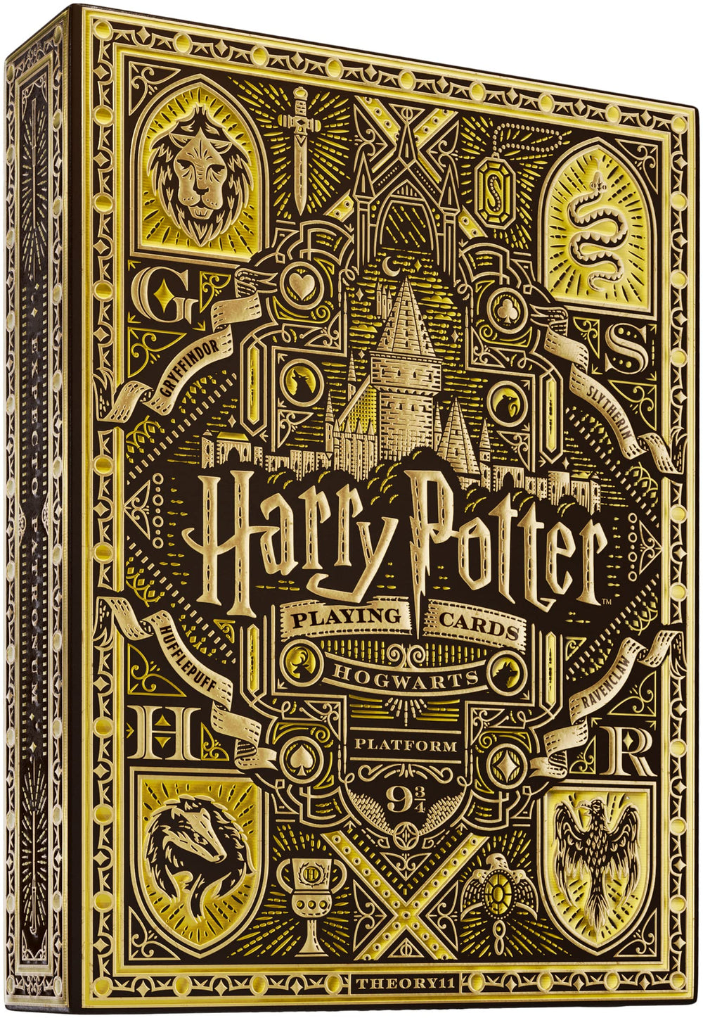 theory11 Harry Potter Playing Cards box with gold foil and embossing for a luxe feel.