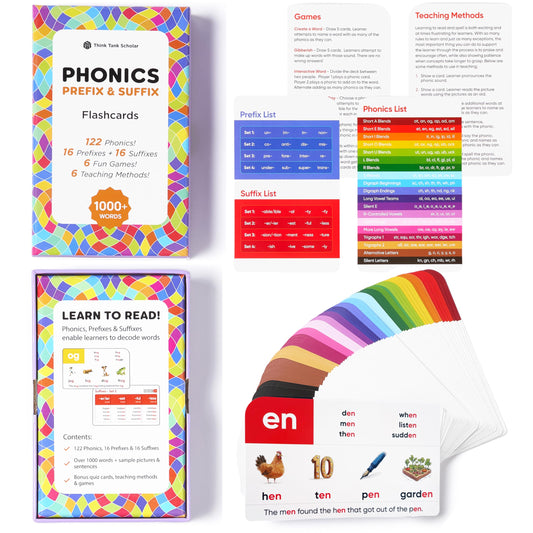 Think Tank Scholar phonics flashcards front cover highlights vibrant colors to engage kids