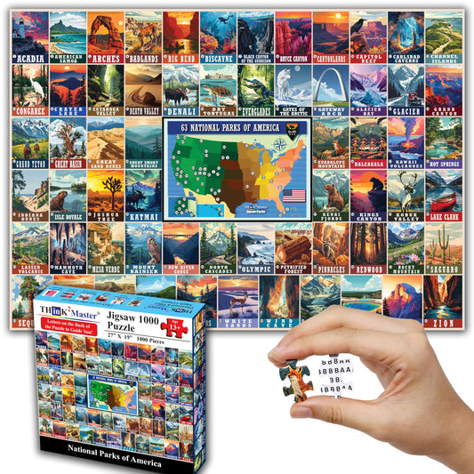 Think2Master colorful National Parks puzzle front view, a vibrant nostalgic scene for family bonding.