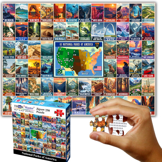 Think2Master national parks puzzle cover shows vibrant vintage artwork for family game night.