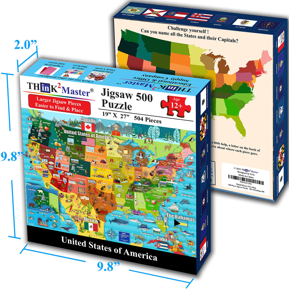 Think2Master puzzle box art shows state flags and educational prompts.