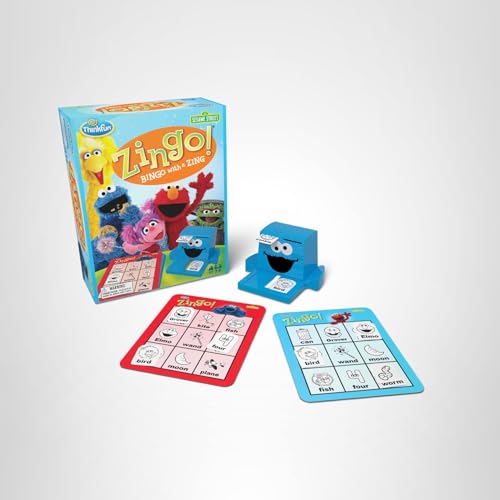 ThinkFun Sesame Street Zingo unboxing shows box and pieces ready for play.