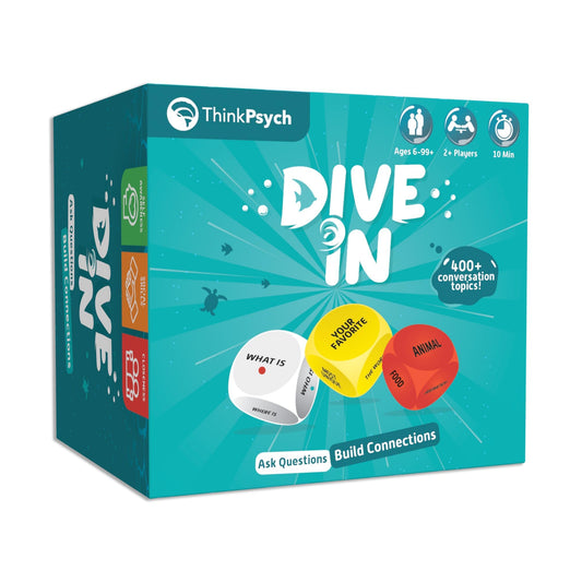 ThinkPsych Dive In cards and dice on table for engaging family conversations.