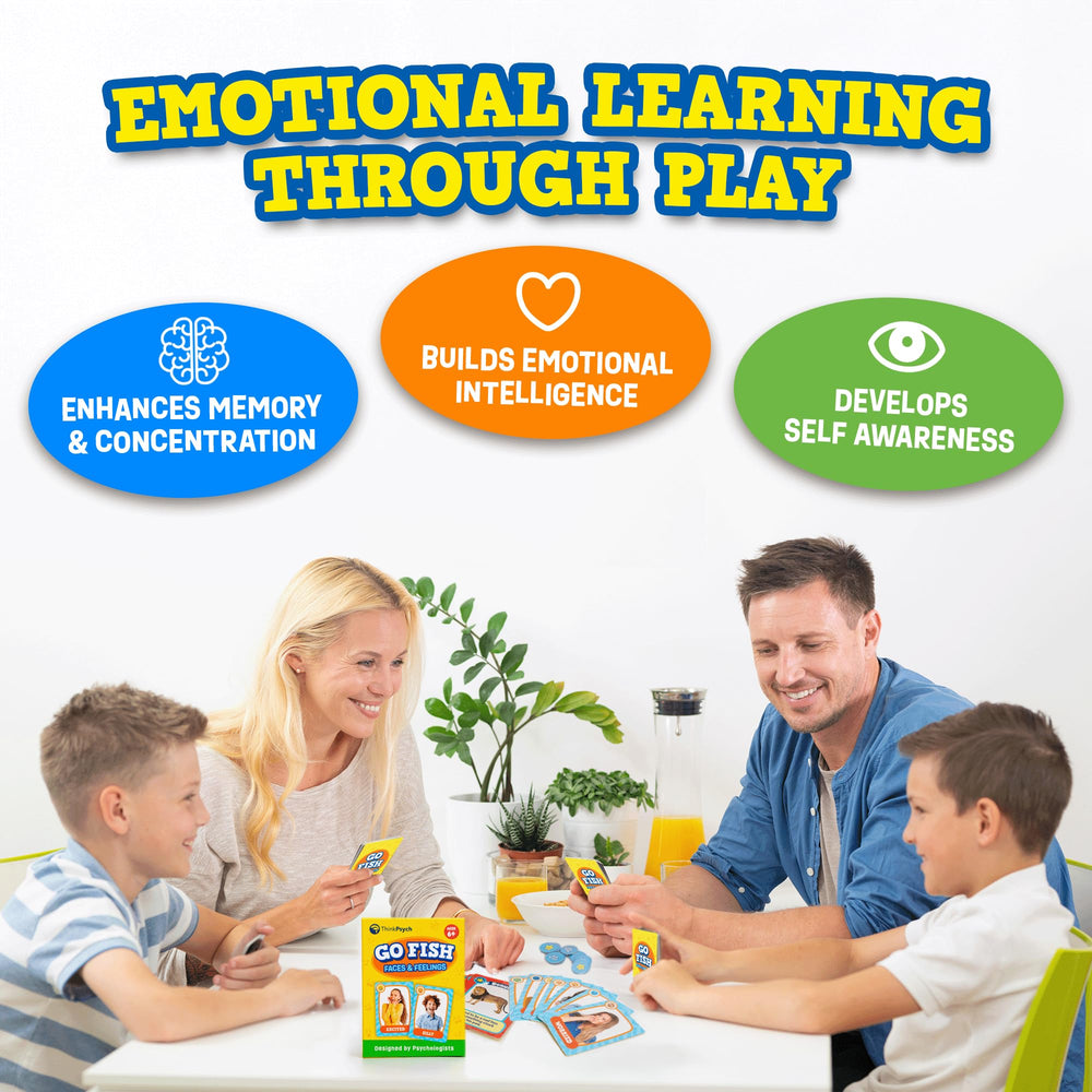 ThinkPsych Go Fish faces feelings box shows complete game kit for easy setup.