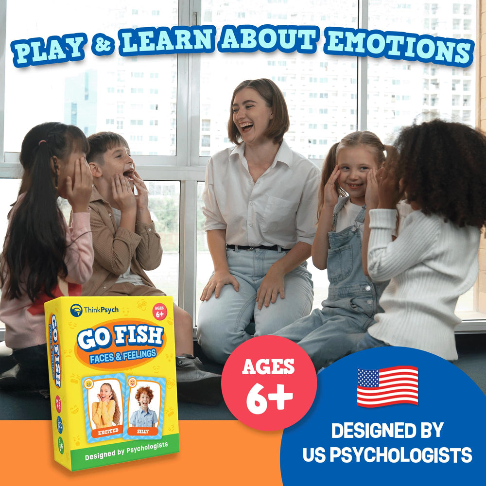 ThinkPsych Go Fish faces feelings players image encourages teamwork in group activities.