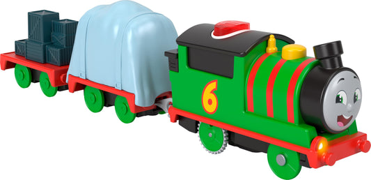 Thomas & Friends Percy train front view with bright colors and interactive phrases for pretend play.