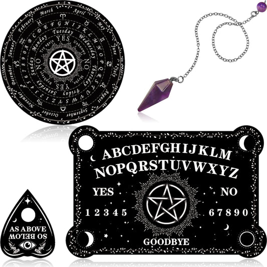 Threan pendulum dowsing board with amethyst set enhances focused divination.