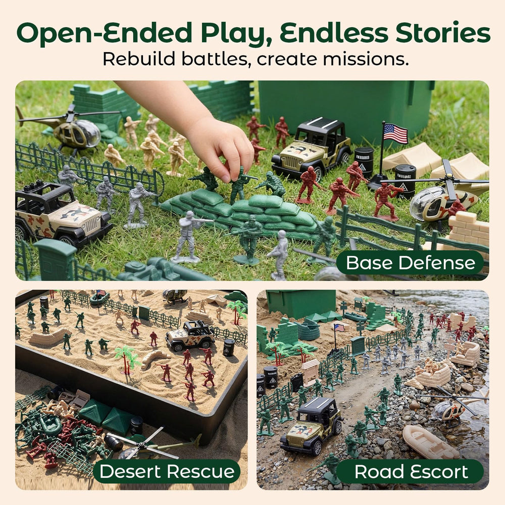 Three Otters army playset ops building with rooftop helipad for missions.