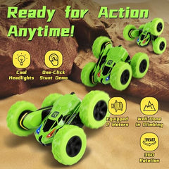 Threeking remote control car green side view, dual-side driving for versatile control