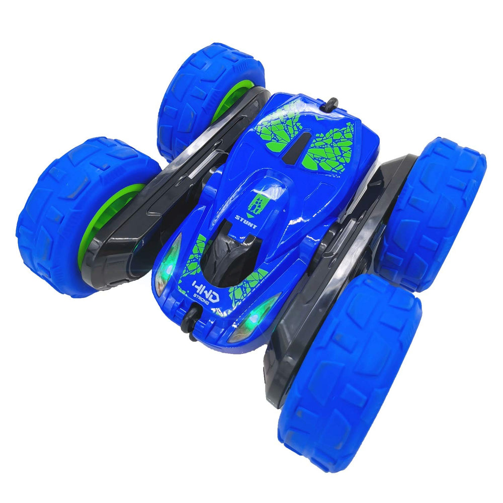 Threeking RC stunt car performing a 360-degree flip for dynamic use.