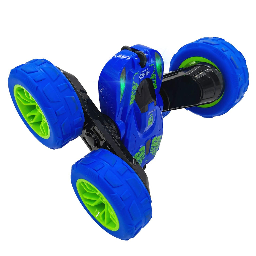 Threeking RC stunt car battery access for easy USB charging.
