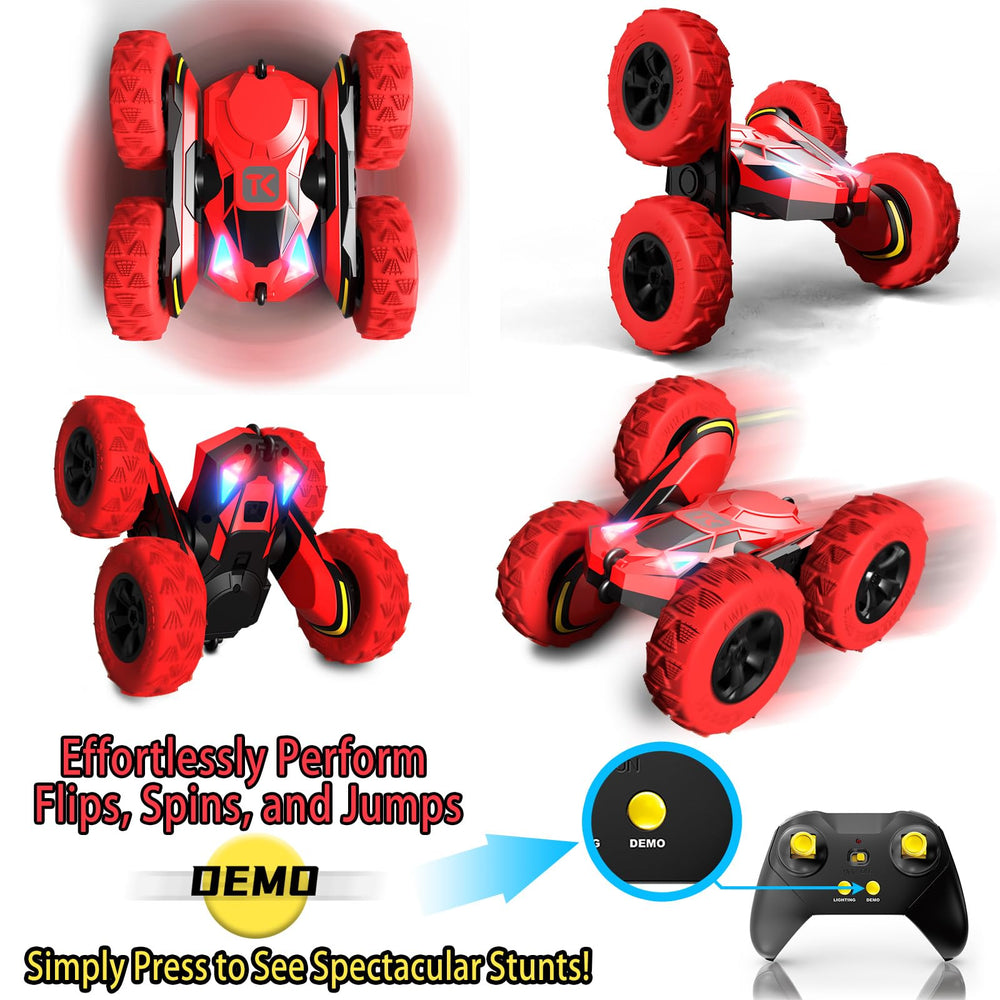 Threeking RC stunt car features breathing headlamps with color-changing lights.