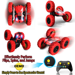 Threeking RC stunt car features breathing headlamps with color-changing lights.