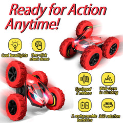 Threeking RC stunt car operates in double-sided mode to beat obstacles.