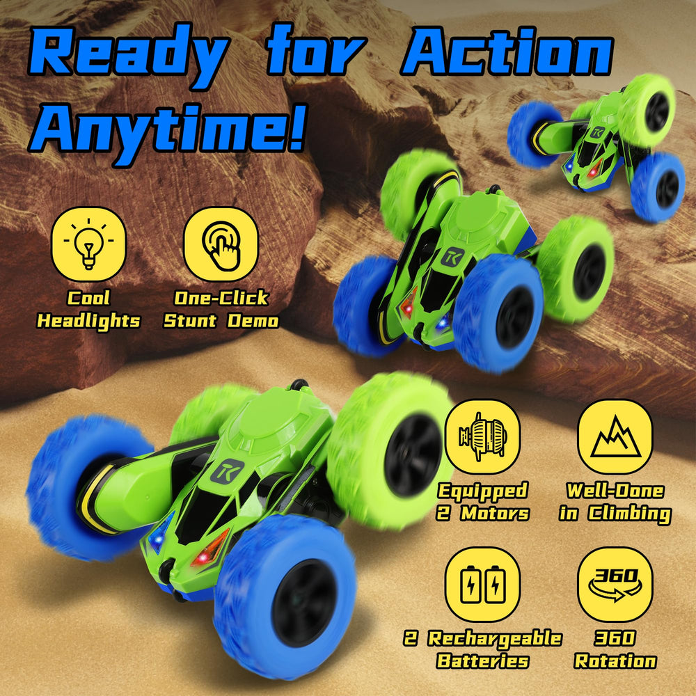 Threeking RC stunt car side view showing color-changing lamps for nighttime fun