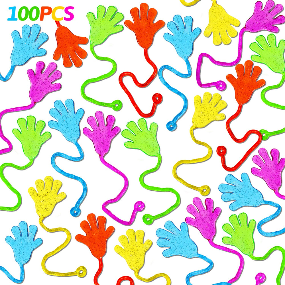 Thremhoo glittery sticky hands in assorted colors for kids party play and sensory fun.