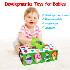 Thremhoo tissue box toy is washable and cotton-based for durable, safe baby play.