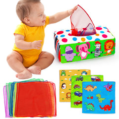 Thremhoo tissue box toy with crinkle tissues encouraging tactile exploration and cause-and-effect play.