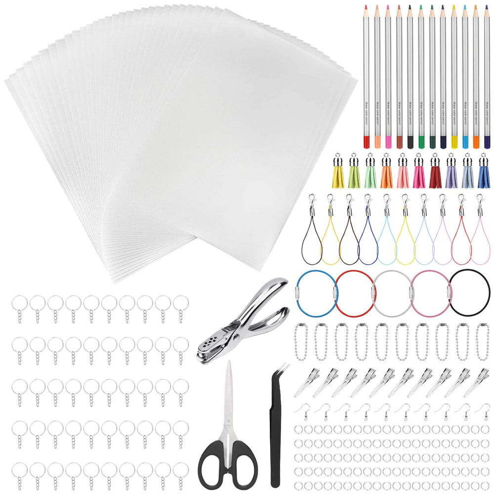 Thrilez Shrinky Plastic Sheets kit packaging, a complete craft set for keychains and charms.
