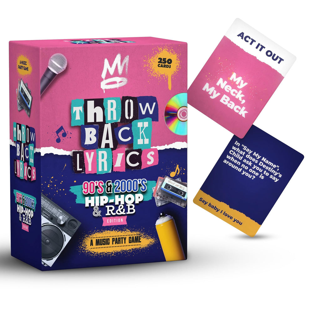 Throwback Lyrics quiz cards featuring iconic 90s and 2000s lyrics; perfect party icebreaker.