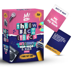 Throwback Lyrics quiz cards featuring iconic 90s and 2000s lyrics; perfect party icebreaker.