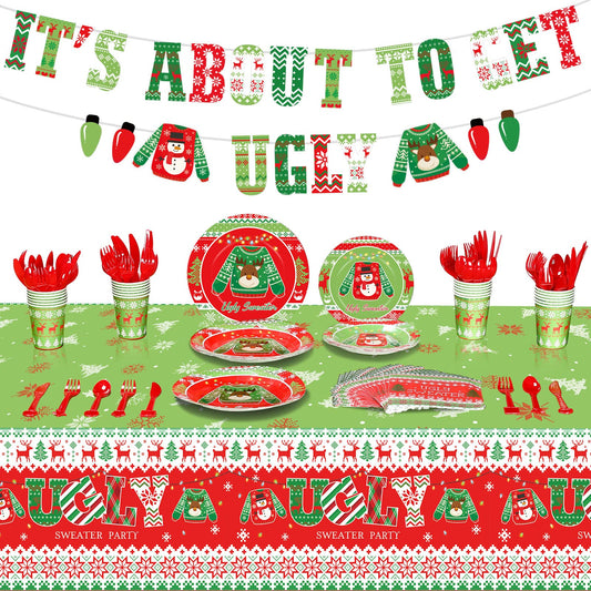 Tiamon 172 Christmas ugly-sweater dinnerware plates for 24 guests, ideal for festive gatherings.