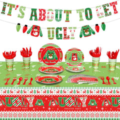 Tiamon 172 Christmas ugly-sweater dinnerware plates for 24 guests, ideal for festive gatherings.