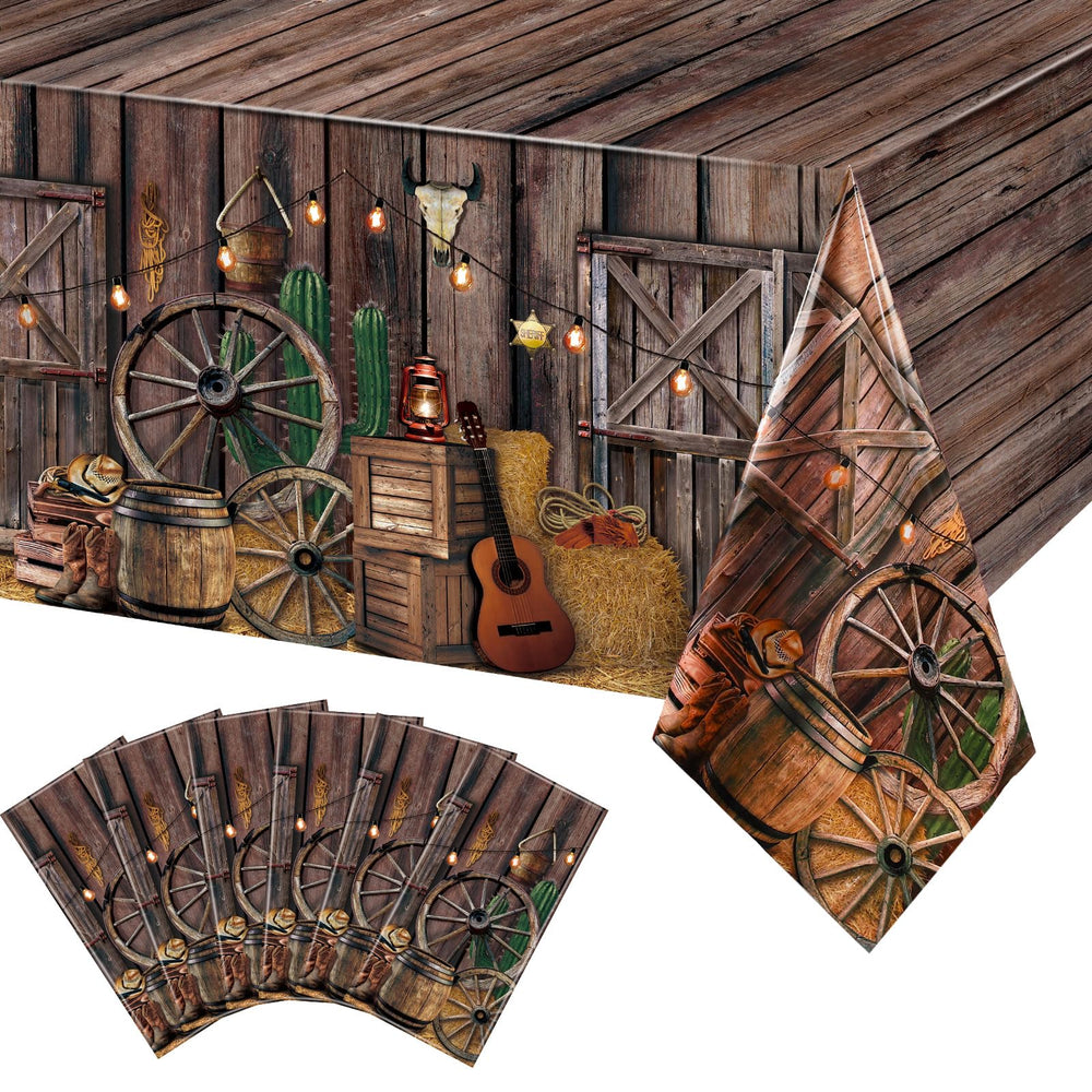 Tiamon Western tablecloth 54x108 inches with rustic barn design protects tables from spills.