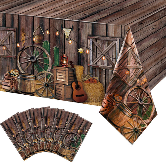Tiamon Western tablecloth 54x108 inches with rustic barn design protects tables from spills.