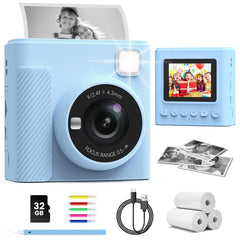 TIATUA Kids Instant Print Camera blue front view, kid-friendly design for creative photo adventures.