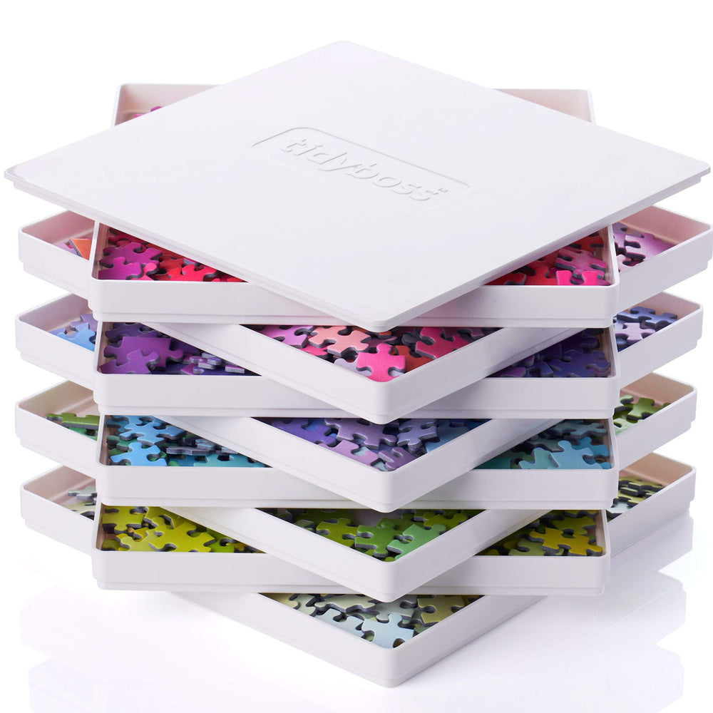 Tidyboss eight-tray puzzle sorter with lid showing organized pieces for faster sorting.