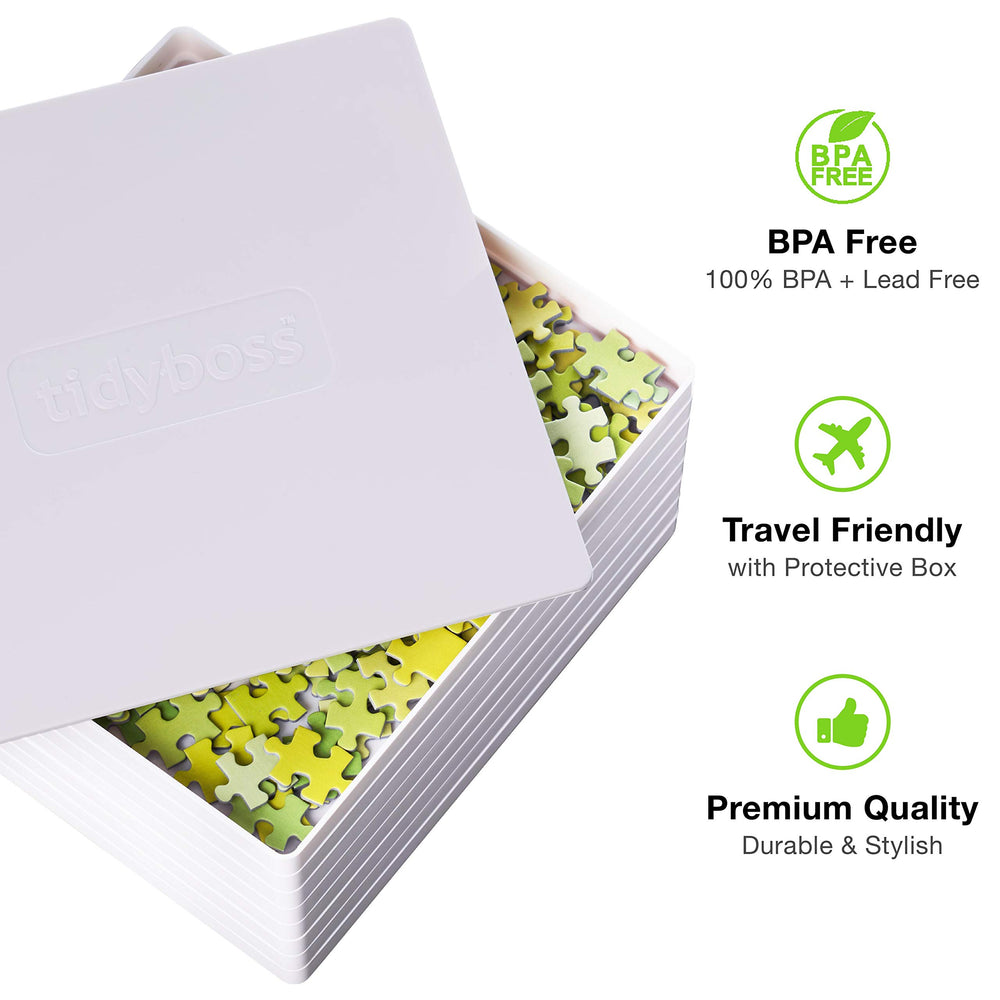 Tidyboss puzzle pieces on white trays highlighting color and shape sorting.