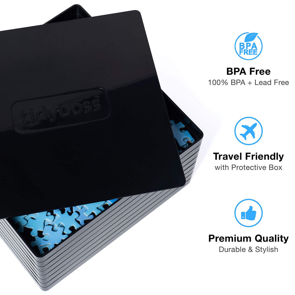TIDYBOSS puzzle trays on a neutral black background, making colors and patterns pop