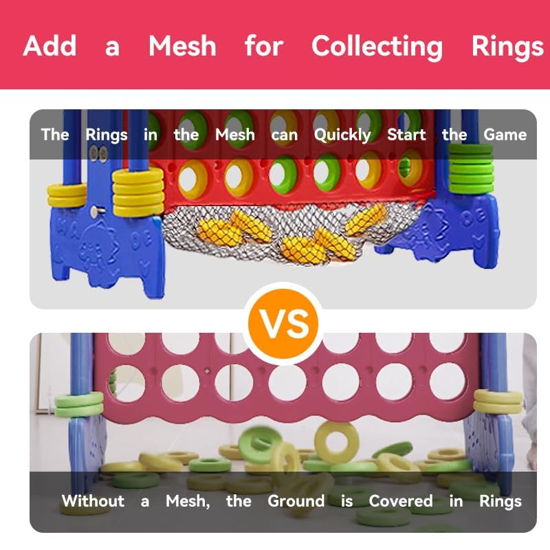 Tigasy Giant 4-Row Game showing mesh bottom for quick cleanup.
