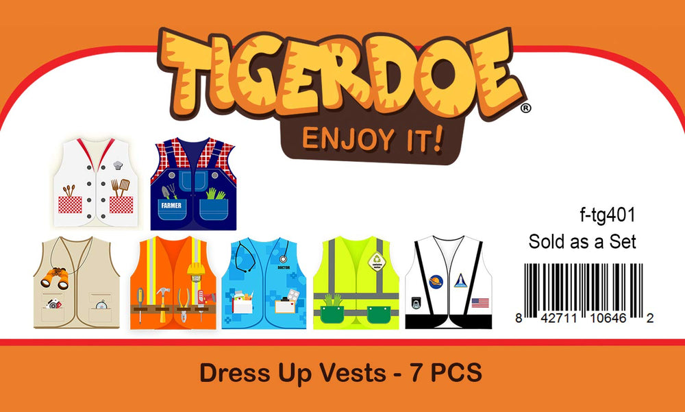 Tigerdoe dress up vest packaging image shows unisex play kit.
