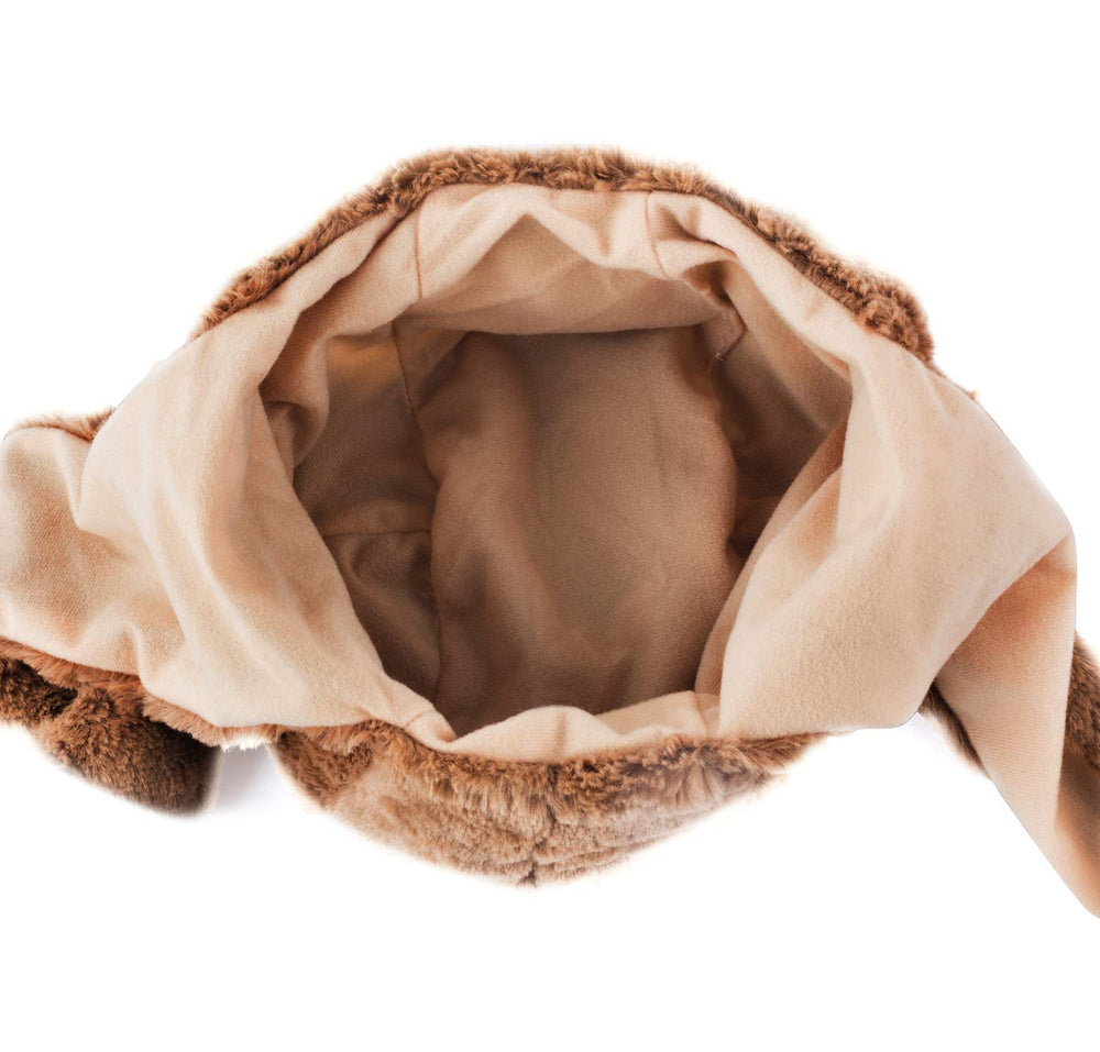 Tigerdoe plush sloth hood hat back view with cute pom.