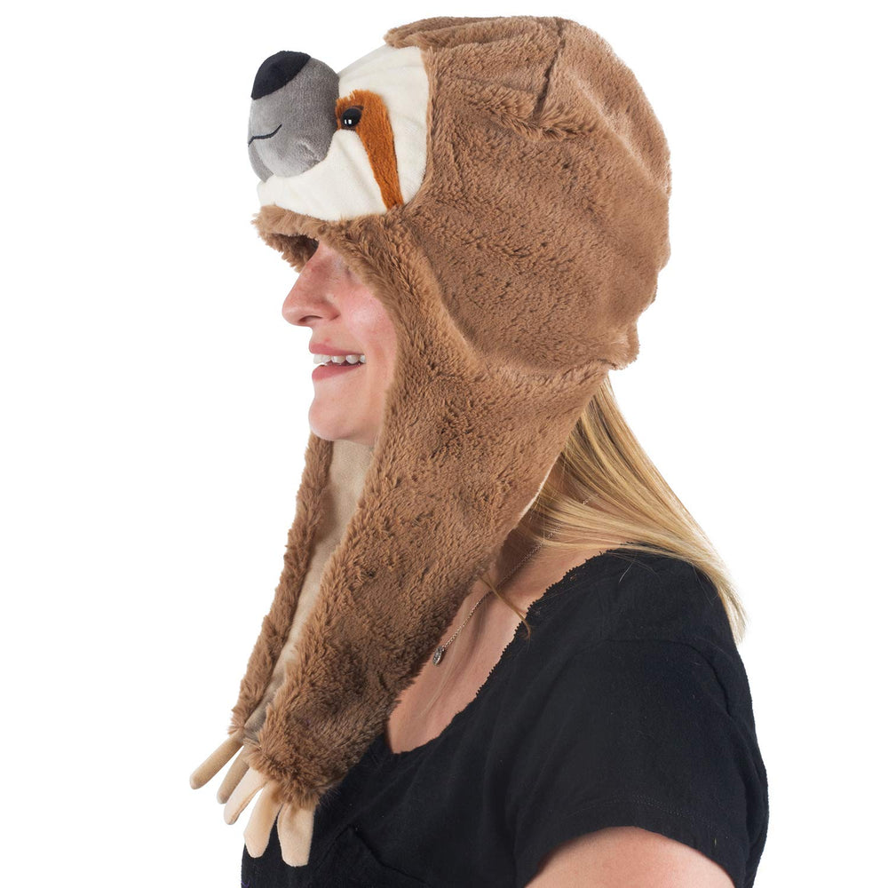 Tigerdoe plush sloth hood hat worn for parties and warmth.