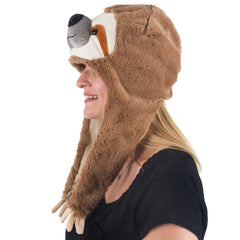 Tigerdoe plush sloth hood hat worn for parties and warmth.