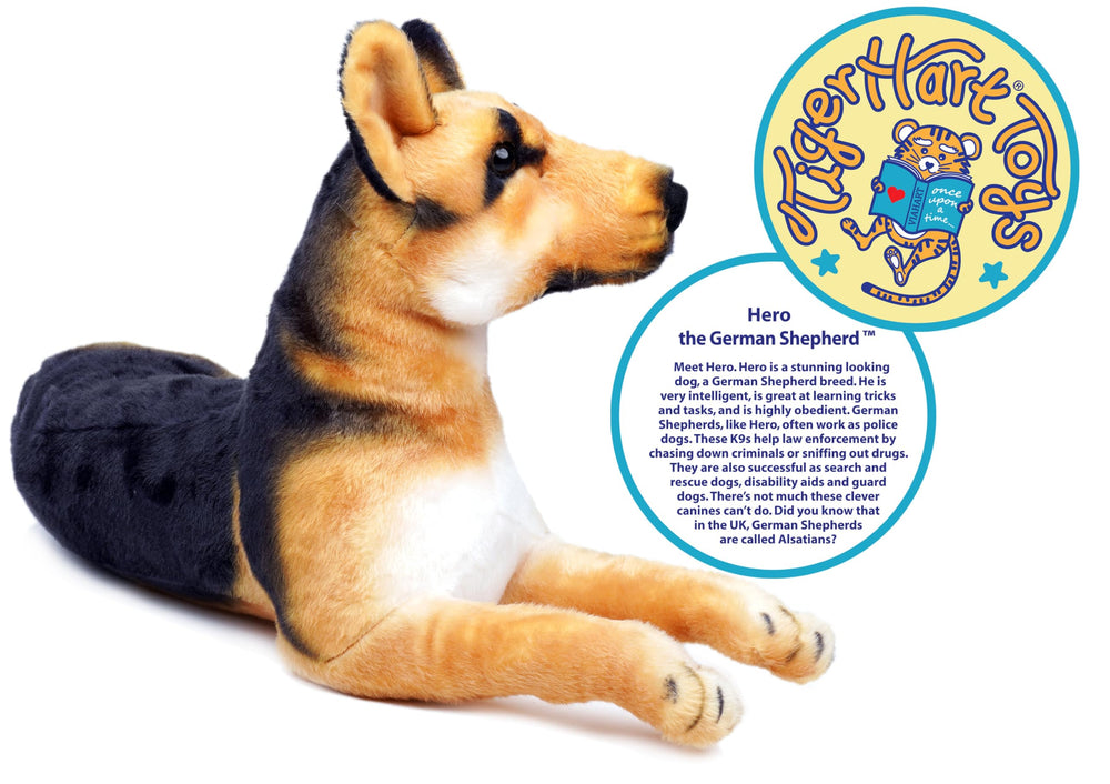 TigerHart Hero German Shepherd 19in plush face closeup, friendly expression for imaginative play
